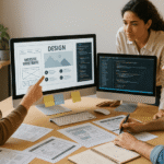 Team of designers and developers collaborating on a modern website interface