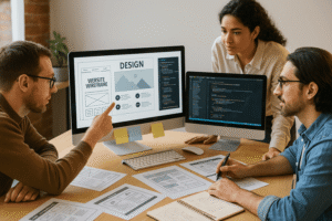 Team of designers and developers collaborating on a modern website interface